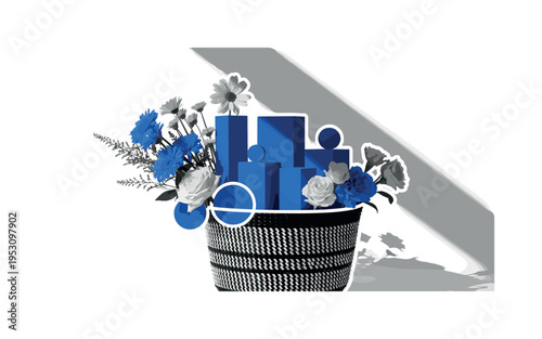 Black and white woven basket partially filled with hand-picked flowers, layered with blue rectangular blocks and circular accents symbolizing abundance and