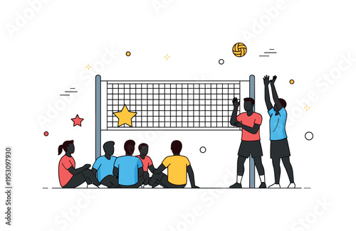 Corporate team building volleyball event featuring a small group of silhouettes in casual sportswear beside a net with a motivational star accent.