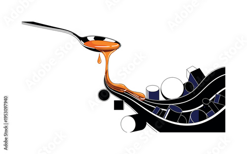 A monochrome spoon dripping liquid honey that morphs into smooth geometric waves and circles, abstract cylinders and blocks suggesting flow and richness, clean