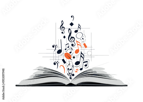 A monochrome open book transforming into floating musical symbols rendered as abstract circles and blocks, thin grid lines adding editorial structure, flat