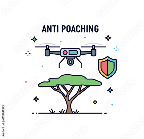 Anti poaching surveillance drone centered above a simple savanna tree with a shield icon accent. A strong concept badge expressing protection of endangered