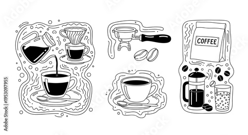 detailed coffee brewing methods illustration showcasing pour-over espresso and french press setups for modern cafe culture.