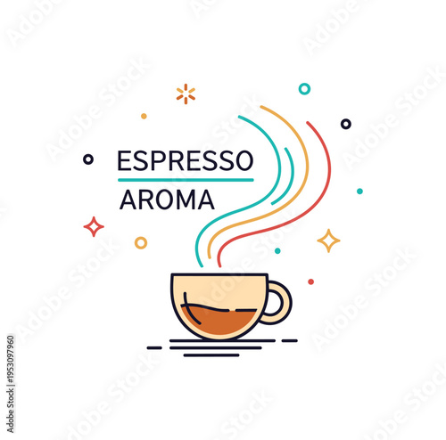 Espresso aroma concept featuring a tiny cup with elegant curved steam lines forming a subtle swirl shape, expressing depth of flavor and sensory experience.
