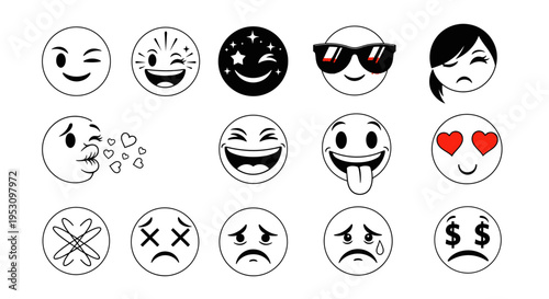 diverse emoji icon collection showcasing various human emotions and expressions for digital communication and user interface design.