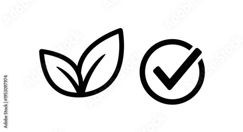 eco-friendly verified simple vector icons showing stylized leaves and a checkmark symbolizing natural organic and approved concepts.