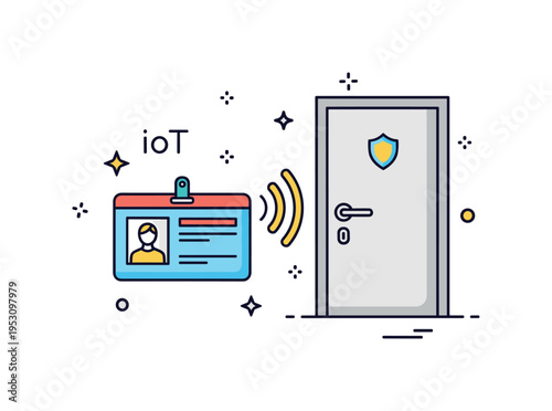 IoT powered employee badge access portrayed as an ID card icon transmitting a signal to a secure door, expressing contactless entry and centralized