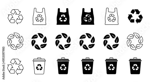 eco-friendly recycling and sustainability vector icons set featuring bins bags and leaf symbols for green living designs.