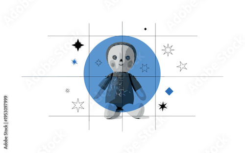 Black and white vintage rag doll sitting upright, layered with a large blue circular frame and thin grid lines suggesting toy box organization, minimal