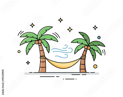 Palm trees with a hammock tied between two trunks, gentle breeze indicated by curved lines, representing rest, vacation, and tropical leisure. Minimalist flat