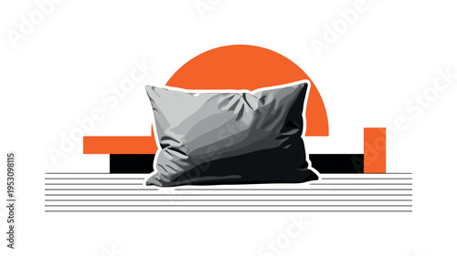 Black and white realistic pillow with soft creases and fabric texture, placed slightly off-center, layered with a bold orange circle behind it and thin