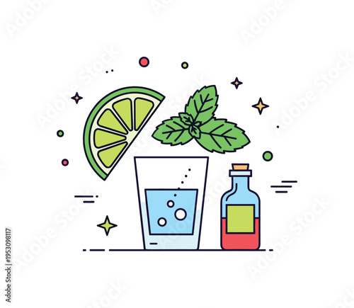 Fresh ingredients for mixology lime wedge, mint sprig, and small bottle arranged around a simple glass silhouette. A clean visual metaphor for natural flavors