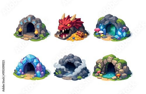 FantasyCave. Isometric flat vector icons set of FantasyCave: ancient rune cave entrance, dragon cave entrance, glowing magic cave, crystal arch cave entrance,