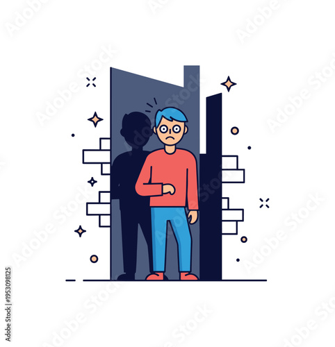 Fear depicted by a person standing in a dark alley with wide eyes and tense posture, surrounded by shadows, capturing suspense, anxiety, and uncertainty.