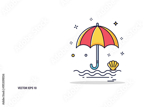 Minimal summer icon featuring a single open umbrella with a small seashell and wave line beneath, representing simple beach symbolism and seasonal themes. The