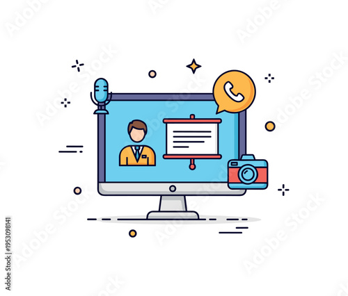 Business video call concept shown by a desktop monitor with a presenter icon on screen and minimal microphone and camera symbols nearby, symbolizing