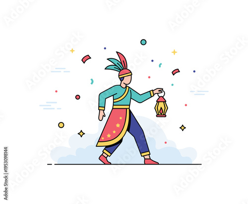 Cultural celebration dance moment illustrated by a performer in bright costume stepping forward with small lantern and confetti details to symbolize unity and