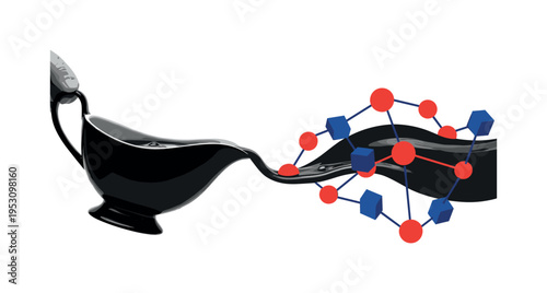 Black and white realistic pouring gravy boat, stylized flat stream of sauce transformed into a geometric ribbon shape, circular nodes and blocks suggesting