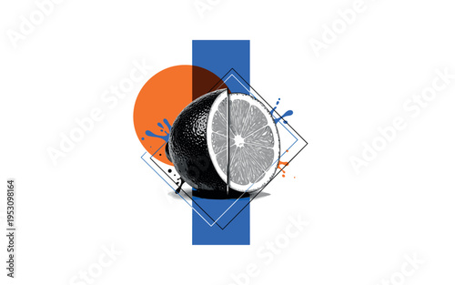 Black and white lemon split in half with visible texture, large orange circle behind as intense sun symbol, blue vertical block dividing cool and