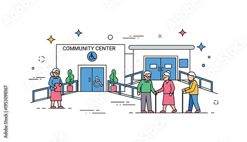 Community center entrance with ramps and accessible doors, elderly individuals interacting and walking safely, small abstract stars emphasizing inclusion and