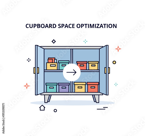 Cupboard space optimization theme centered on a cabinet divided into clear sections with small storage boxes and a subtle arrow icon indicating efficient