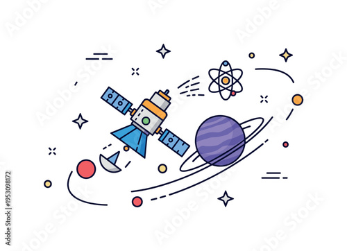 Deep space probe orbiting an exoplanet sending imagery and measurements back to scientists, showcasing curiosity, discovery, and technological achievement.