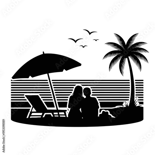 Silhouette of Romantic Couple on a Beach with Umbrella and Palm by Calm Sea.