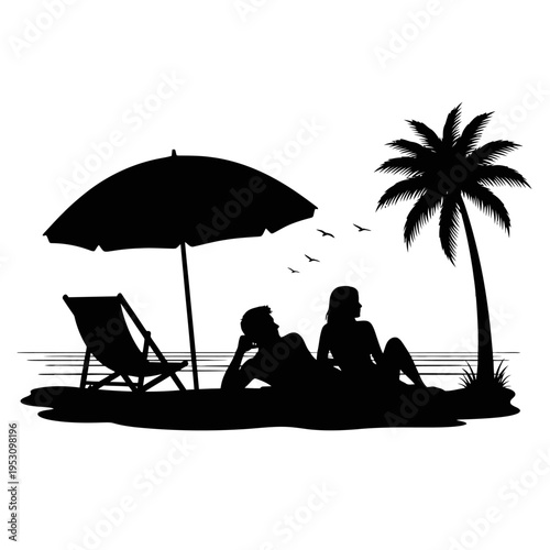 Silhouetted couple relaxing on a tropical beach under a palm and umbrella, by the shore.