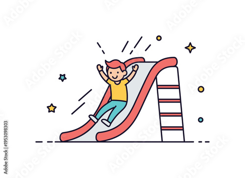Playground slide adventure child sliding down a simple curved slide with arms raised, tiny motion lines suggesting excitement and carefree fun. A bright