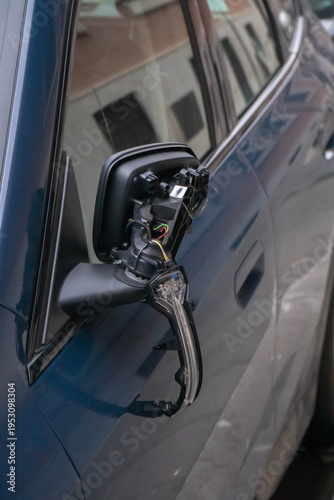 Car accident broken car rearview mirror. car accident on road.