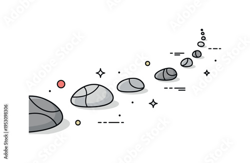 Pebble path concept illustrated by several small stones forming a gentle curved trail leading forward. A concise editorial metaphor about journey, direction,