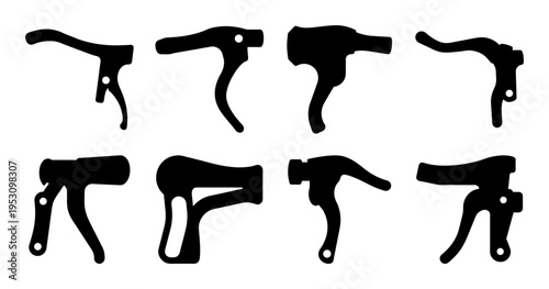 Bicycle Handlebar Silhouettes with Brake Levers Set - Collection of bicycle handlebar silhouettes featuring brake levers and gear shifters, ideal for cycling equipment design, mechanics, and transport