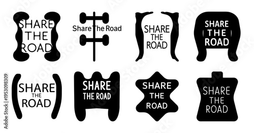 Share The Road Bicycle Safety Sign Icons Set - Collection of bicycle-themed share the road signs in various shapes, promoting cycling safety, awareness, and coexistence between cyclists and drivers.
