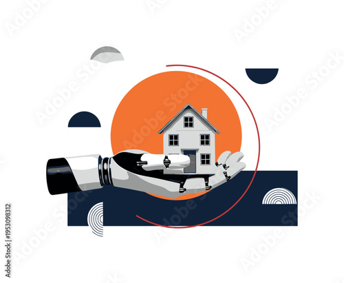 Black and white robotic hand gently holding a small house model, oversized orange circle behind the hand symbolizing protection, thin red arc echoing the