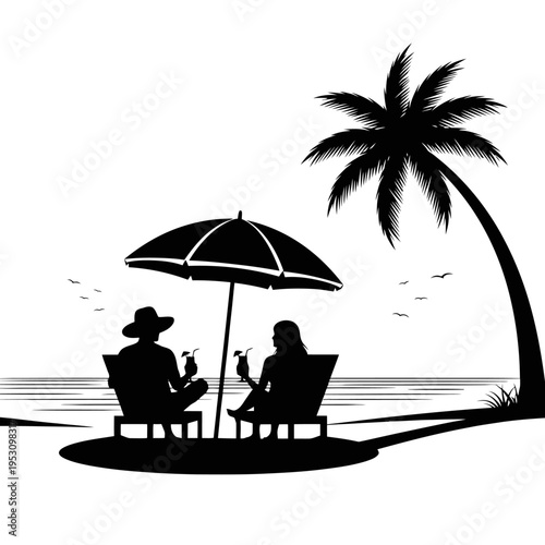 Two people relaxing on a sunny beach under a large umbrella beside a palm tree by the sea.