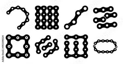 Bicycle Chain Links and Gear Components Set - Collection of bicycle chain link shapes and gear components in silhouette style, ideal for cycling mechanics, engineering concepts, and industrial design 