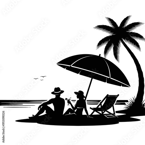 Sunlit Beach Scene with Silhouetted Couple under Umbrella by Palm Trees on a Quiet Shore.