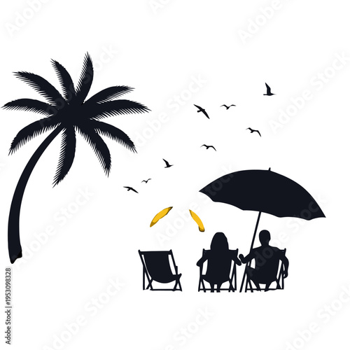 Silhouette Beach Scene with Palm Tree, Umbrella and Silhouetted Vacationers on a Sunny Shore.