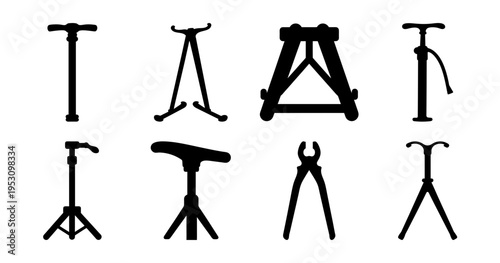 Silhouette Collection of Various Support Devices and Tools on a White Background