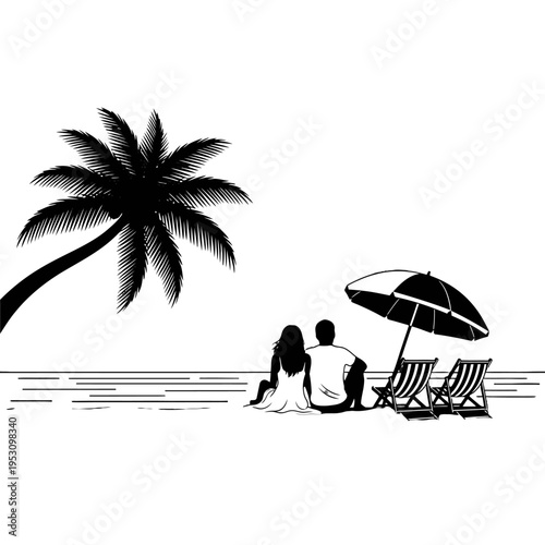 Silhouetted beach scene with a palm tree, couple, and umbrella by the sea.
