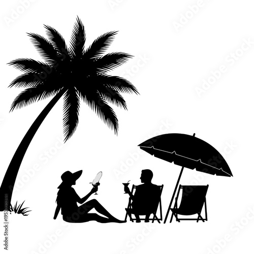 Silhouetted Beach Scene with Palm, Umbrella, and People Relaxing on the Sand at Dusk.