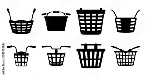 Stylized Silhouette Compilation of Assorted Bicycle Baskets on a White Background