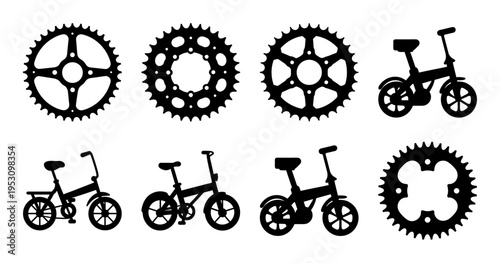 Bicycle Parts and Gear Icons Silhouette Set - Collection of bicycle parts and bike silhouettes including gears, chainrings, and frames, useful for cycling design, mechanics concepts, and transport vis