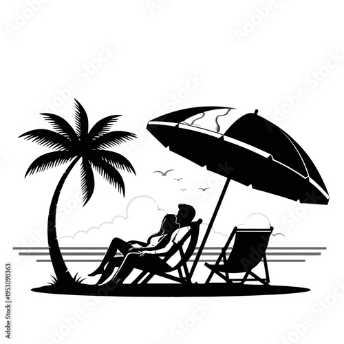 Silhouetted beach scene with palm, umbrella, and deckchairs showing leisure and vacation vibe.