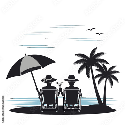 Two travelers lounge on a tropical beach under an umbrella with palm trees and a calm sea in the distance.