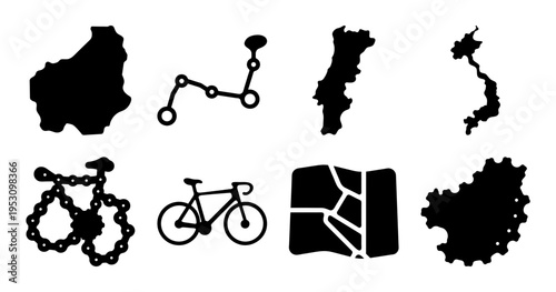 Black and White Cycling Related Icons and Global Shape Outlines Collage