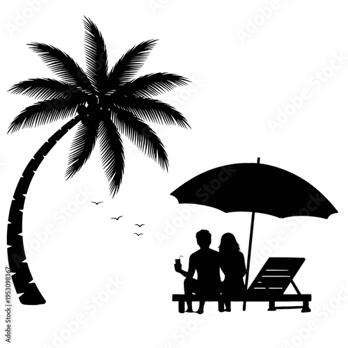 Quiet beach scene with a palm tree, two people under an umbrella, and lounge chairs on the shore.