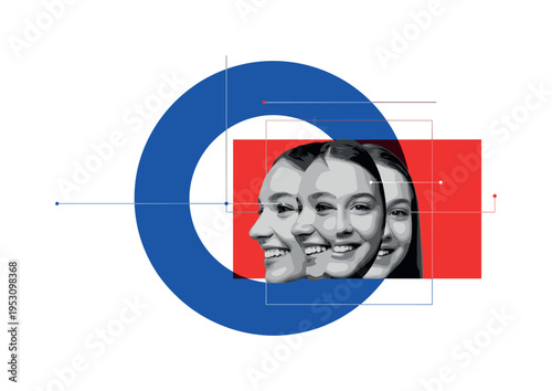 Modern graphic collage of close-up monochrome family faces smiling side by side, large cobalt circular halo and red geometric blocks intersecting composition,