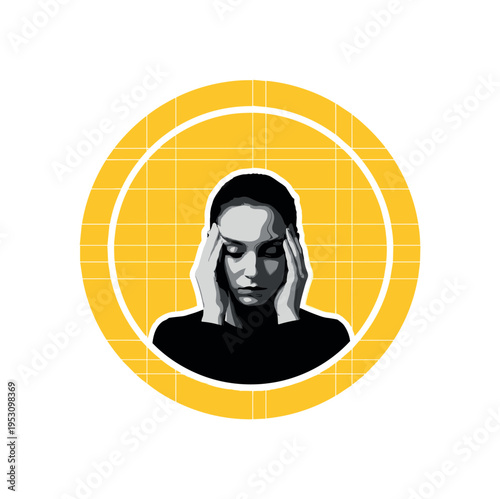 Monochrome composition of a centered figure with hands on temples inside a large yellow circular frame, with thin structured grid lines suggesting emotional