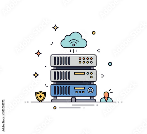 Server hardware rack with glowing indicator lights and a subtle cloud icon above, symbolizing reliable data processing and modern digital infrastructure in a