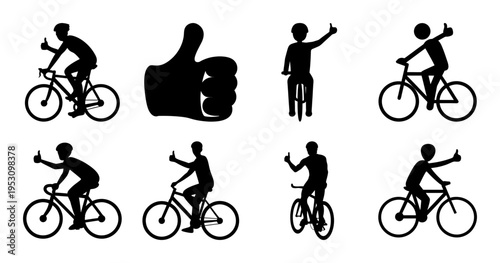 Silhouette Illustrations of Cyclists Giving Thumbs Up with a Central Thumbs Up Icon